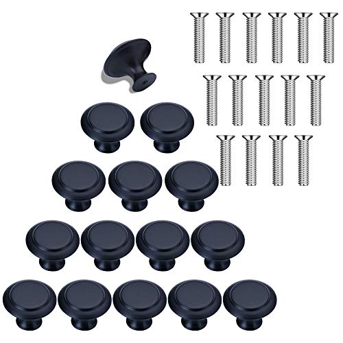 15 piezas Pomo de Armario Redondo Tirador para Cajón Pomos Redondos Pomos para Cajones de Acero Inoxidable de 30 mm con Tornillos para Cajones de Armarios Puertas de Cocina Muebles Negro