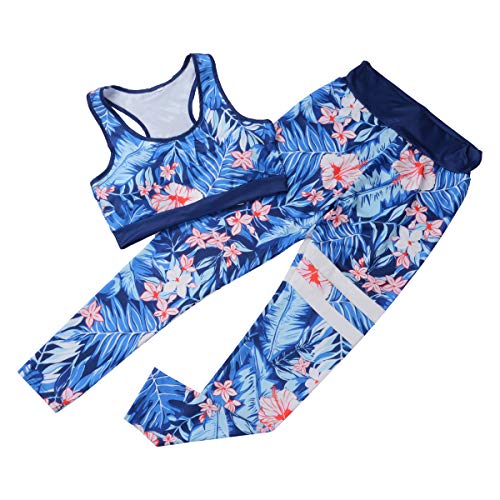 2 Piezas Chándal Deportivo Traje de Deporte para Mujer Yoga Crop Top sin Manga Pantalones Elásticos Leggings con Estampado Floral para Running Fitness Gimnasio (Azul, M)