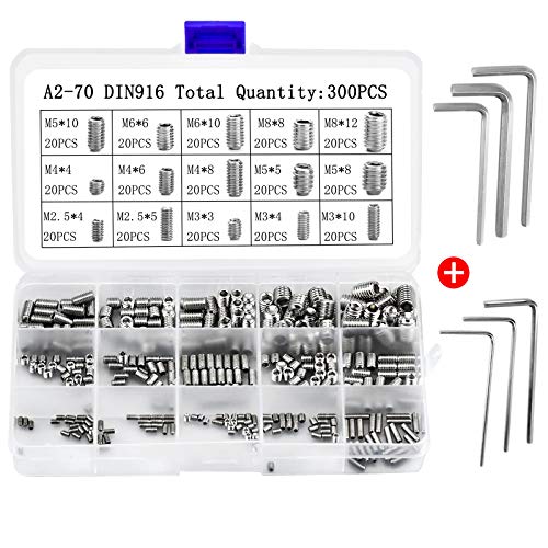 300 Piezas Acero Inoxidable Tornillos Prisioneros, Tornillo Cabeza Plana Hexagonales M2.5 M3 M4 M5 M6 M8 Juego con Llave Hexagonal para Garaje Casa