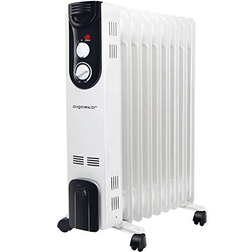 Aigostar 33LCJ - Radiador de aceite de 9 elementos, 2000W, doble tubo de calentamiento, 3 ajustes de potencia y control termostático de temperatura. Color blanco y negro. Diseño exclusivo.