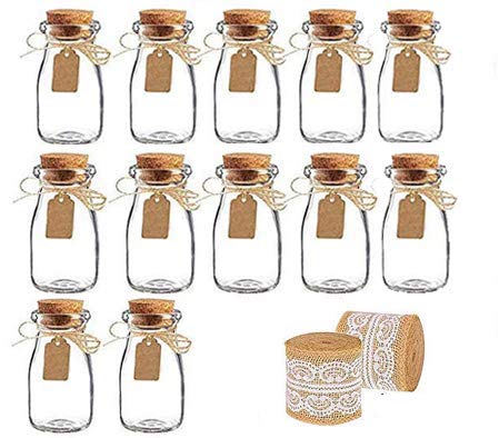 Amajoy frasco de vidrio vintage con tapas de corcho, arpillera y cinta de encaje [botella de leche y frasco decorativo] para decoración de fiesta de boda y fiesta del bebé [12 piezas] [biege]