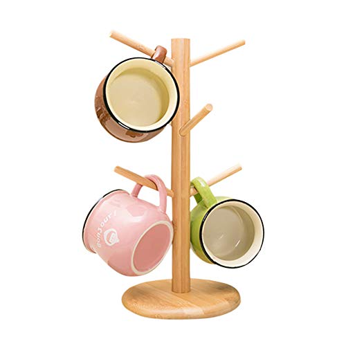 Árbol de bambú para tazas, soporte para tazas, soporte para tazas de café con 6 ganchos, soporte para tazas de café para mostrador, estante para tazas de café, árbol organizador de joyas