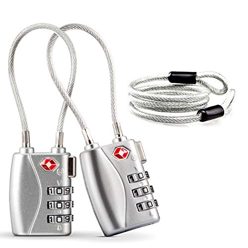 Aspen Candado de Seguridad para Maletas TSA Candados para Equipaje Candado de Combinacion 3 códigos con Cable de Acero(Plata,2 Paquetes), Cuerpo de Aleación, Discos de Fácil Lectura