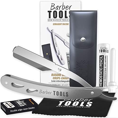 Barber Tools - Maquinilla de afeitar tradicional para barba (cuchilla intercambiable, 5 cuchillas dobles + barra de alumbre + paño de pulido + funda de almacenamiento)