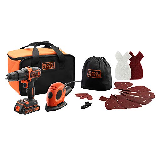 BLACK+DECKER BDK200AS1S-QW - Taladro percutor a batería 18V y lijadora eléctrica de detalles Mouse 55W, incluye 1 batería de litio 1.5Ah, cargador, set de accesorios y bolsa de transporte