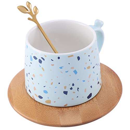 Cabilock - Taza de café de cerámica con tapa y cuchara de bambú con impresión floral - Taza de café de té y leche de cerámica con mango - Home Office - Azul