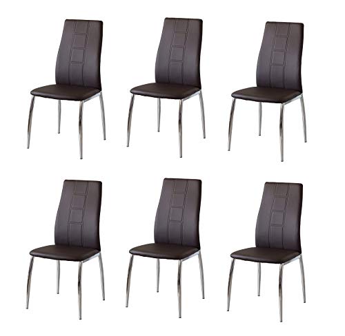 CAMBIA TUS MUEBLES - Pack de 6 sillas Comedor CORFÚ tapizadas en símil Piel Negro, marrón o en Tela Gris o Beige, Patas metálicas en Cromado Brillo. (Chocolate)