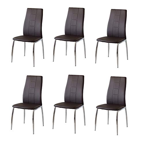 CAMBIA TUS MUEBLES - Pack de 6 sillas Comedor CORFÚ tapizadas en símil Piel Negro, marrón o en Tela Gris o Beige, Patas metálicas en Cromado Brillo. (Chocolate) CAMBIA TUS MUEBLES - Pack de 6 sillas Comedor CORFÚ tapizadas en símil Piel Negro, marrón o en Tela Gris o Beige, Patas metálicas en Cromado Brillo. (Chocolate)