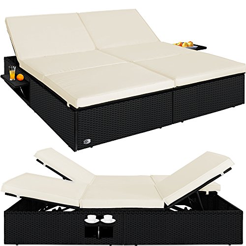 Casaria Tumbona doble de poliratán Negro con Cojines y dos mesas plegables respaldo reclinable 5 posiciones 1,60m ancho Casaria Tumbona doble de poliratán Negro con Cojines y dos mesas plegables respaldo reclinable 5 posiciones 1,60m ancho