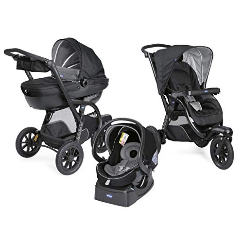 Chicco Trio Activ3 Cochecito De Bebé 3 En 1 Que Incluye Silla De Paseo De 3 Ruedas, Capazo Y Silla De Coche Grupo 0+ Con Kit Para Coche, Con Cierre Plegable Y Compacto - Color Negro () Jet Black