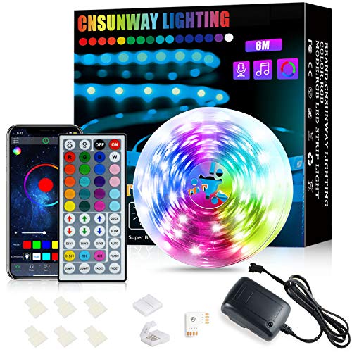 CNSUNWAY Tiras Led Bluetooth, 6m RGB Tiras de Luces con 44 Teclas de Control Remoto IR, Tiras de LED Control APP, 24V Tiras led Musica Iluminación, para Dormitorio Sala TV Bar Fiesta Decoración