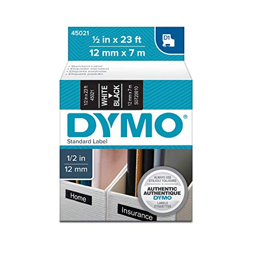D1 Standard Tape Cartridge for Dymo Label Makers, 1/2in x 23ft, White on Black