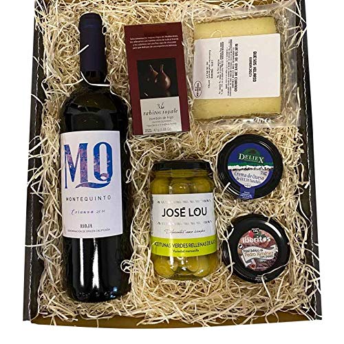 Deliex delicias de Extremadura Pack Picoteo 8 - Vino Montequinto, quesos, paté, Aceitunas, Bombones Rabitos Royale