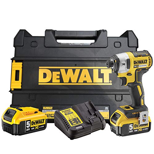 Dewalt DCF887P2-QW DCF887P2-QW-Atornillador Impacto sin escobillas XR 18V 1/4" 205Nm con 2 baterías Li-Ion 5,0Ah con maletín TSTAK, 400 W, 18 V, Negro Y Amarillo