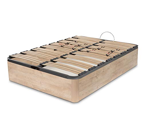 Dormidán - Canapé abatible Gran Capacidad Esquinas Redondeada en Madera Maciza, Tapa somier multiláminas con regulación Lumbar 135x190cm, Color Roble Dormidán - Canapé abatible Gran Capacidad Esquinas Redondeada en Madera Maciza, Tapa somier multiláminas con regulación Lumbar 135x190cm, Color Roble