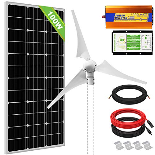 ECO-WORTHY 500W Kit de energía eólica solar: Generador de turbina eólica de 400W Panel solar de 100W Inversor de seno puro de 1000W Fuera de la red Carga de batería doméstica de 12V
