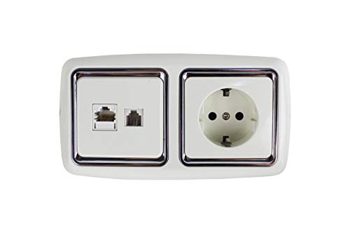 ELAELA Base con Toma schuko y Toma de teléfono RJ11 y Toma Red RJ45 empotrable con Marco Color Blanco