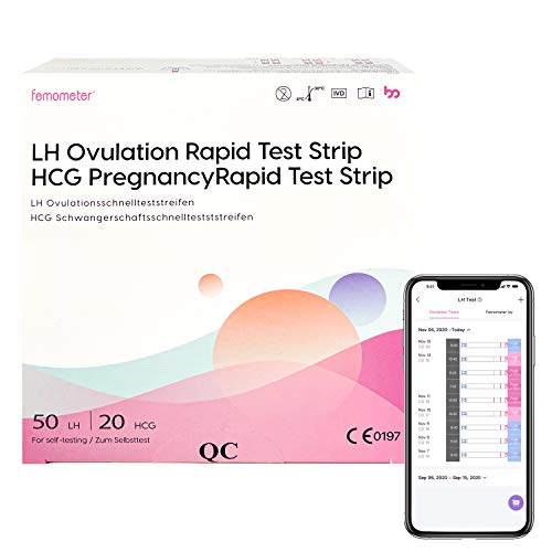 Femometer 50 Test de Ovulación y 20 Test de Embarazo Ultrasensibles 25mIU/ml，Resultados Precisos con la App (iOS & Android) Reconocimiento Automático de los Resultados de las Pruebas