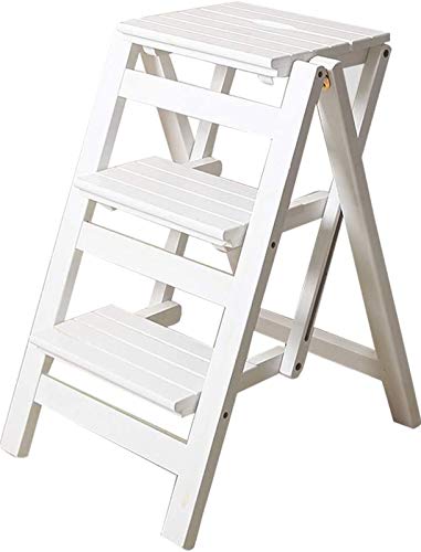 GDFEH Plegable Multifuncional Escalera de Tijera de 3 peldaños de Madera Utilidad de la Silla de la Escalera Herramienta de Escalada para jardín Pesado (Blanco)