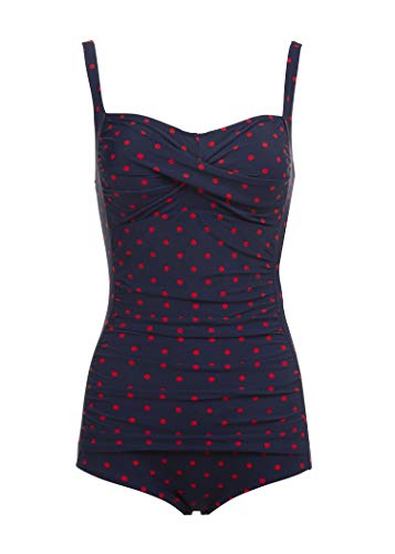 Glam and Gloria Bañador para mujer de lunares azules oscuros con lunares rojos en aspecto retro vintage. azul S Glam and Gloria Bañador para mujer de lunares azules oscuros con lunares rojos en aspecto retro vintage. azul S