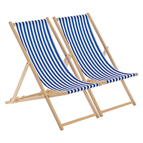 Harbour Housewares Tumbona reclinable y Plegable - Ideal para Playa y jardín - Estilo Tradicional - Rayas Azules/Blancas - Pack de 2