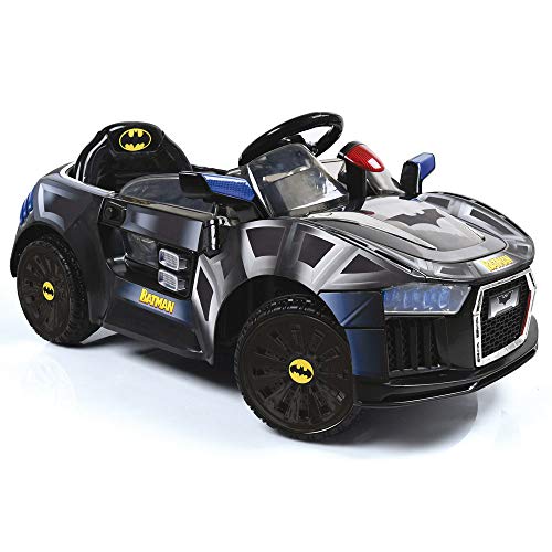 Hauck Toys Coche Eléctrico para niños diseño Batmóvil - Coche de batería Batman con Luces LED, cinturón y Puertas de Tijera - Negro