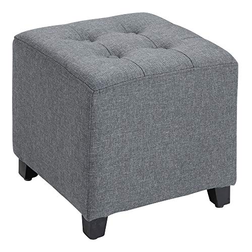 HOMCOM Taburete Bajo Otomana Reposapiés Acolchado con Patas de Madera Maciza Diseño de Botones 35x35x35 cm Gris