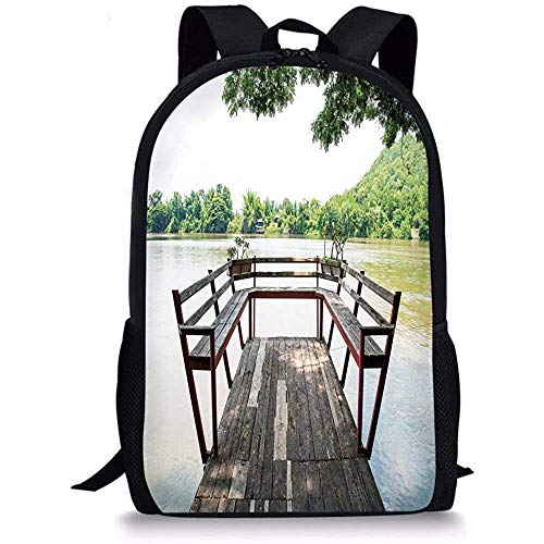 Hui-Shop Decoración de Viaje de Mochilas Escolares, terraza de Madera en la Orilla del río Romántica calmante en Imagen de Maderas, marrón Oscuro y Verde