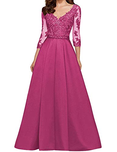 HUINI Vestido de Noche Vestidos de Boda Vintage con Cuello en V Traje de Ceremonia Vestidos de Fiesta de Encaje Fucsia 40 HUINI Vestido de Noche Vestidos de Boda Vintage con Cuello en V Traje de Ceremonia Vestidos de Fiesta de Encaje Fucsia 40