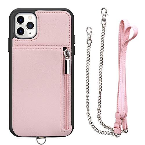 JISON21 Funda para iPhone 11 Pro 2 en 1 con cadena para teléfono móvil, con soporte para tarjetas de crédito, funda para iPhone 11 Pro, bolso bandolera (rosa)