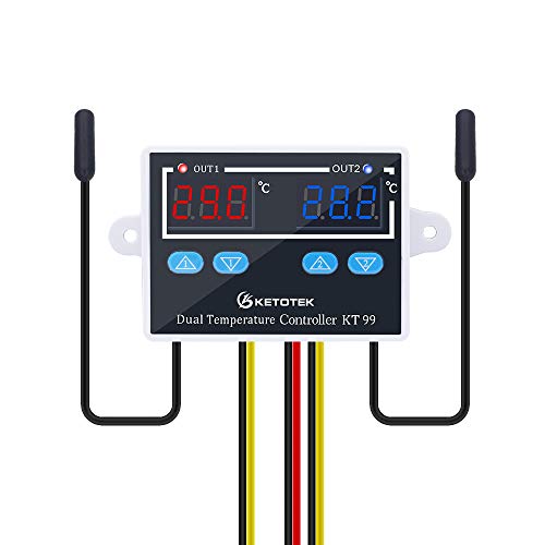 KETOTEK Controlador de temperatura Digital 220V con 2 impermeable Sondas, Termostato Incubadora Frigorifico Horno Control de Calentamiento Enfriamiento