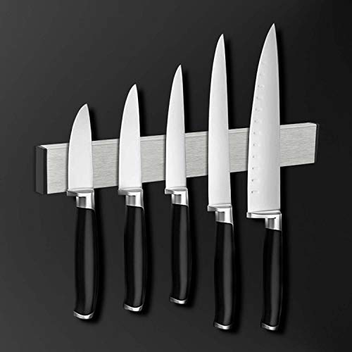 Kinlo - Soporte magnético para cuchillos plata, 31x1,5 x 4 cm montaje en pared, sin agujeros, acero inoxidable cepillado, extrafuerte, para cocina, oficina, taller, acero inoxidable
