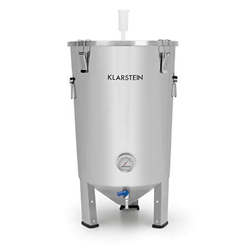 Klarstein Gaerkeller - Tanque de maceración y caldera de fermentación, 30 litros, Acero inoxidable 304, Termómetro hasta 40 °C, Tapa con 4 ganchos de seguridad, Espiral refrigeración, Plateado