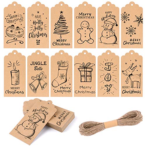 KUUQA 120Pcs Etiquetas de regalo de Navidad Tarjeta de regalo de festival para etiqueta de envoltura de regalo de Navidad con cuerda colgante, 12 estilos diferentes, negro