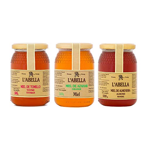 L'Abella Mel - Pack de 3 tipos de miel (1,5kg) - Miel recolectada en España- Miel de almendra, Miel de azahar y Miel de tomillo
