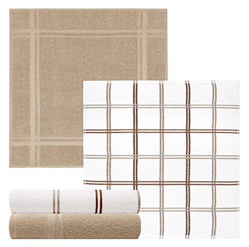 Lashuma - Juego de 4 toallas de rizo suaves de 50 x 50 cm, 2 paños de cocina a cuadros – 2 paños de cocina lisos, de algodón, 100 % algodón, cappuccino Lashuma - Juego de 4 toallas de rizo suaves de 50 x 50 cm, 2 paños de cocina a cuadros – 2 paños de cocina lisos, de algodón, 100 % algodón, cappuccino