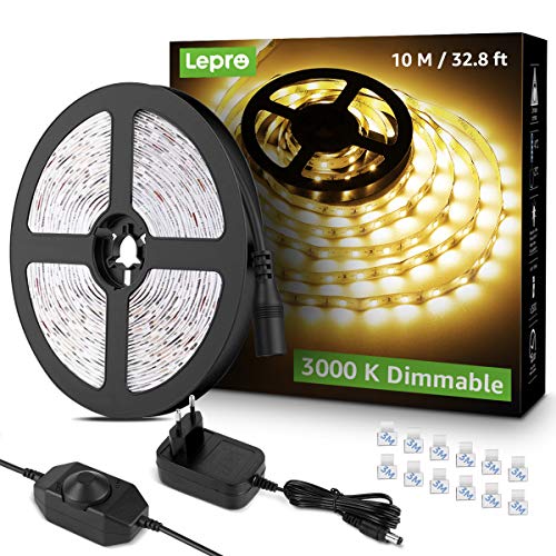 Lepro Tira de LED 10M blanca cálida 3000K, Tira luz regulable 600 LED SMD 2835, cadena de luz blanca autoadhesiva, Tira LED 24W 1800lm, Luces de Tiras LED para decoración navideña de cocina interior