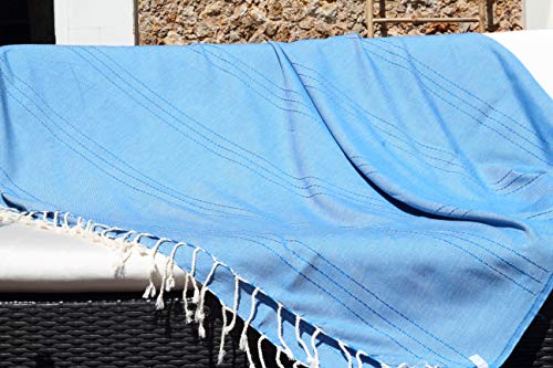 Les Demoiselles de Túnez, gran fouta XXL, 150 x 250 cm, color azul turquesa y toque de hilo de abeja – Toalla de playa XXL – 100% algodón suave