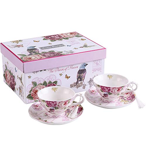 London Boutique Juego de 2 Tazas de té y platillo de Porcelana Estilo Shabby Chic Vintage Flora en Caja de Regalo (Rosa de pájaro Rosa)