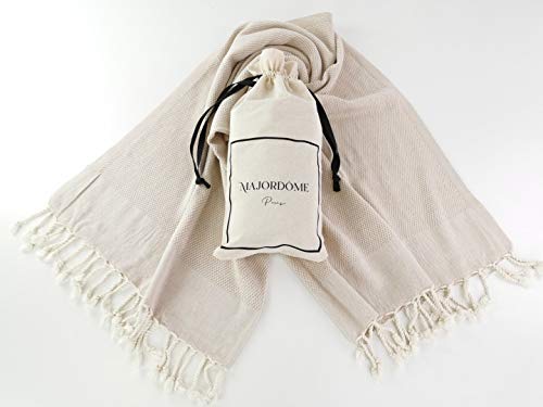 Majordôme - Toalla de playa con bolsa de regalo (algodón suave, textura de panal de abeja, tamaño XL, 100 x 180 cm), color beige Majordôme - Toalla de playa con bolsa de regalo (algodón suave, textura de panal de abeja, tamaño XL, 100 x 180 cm), color beige