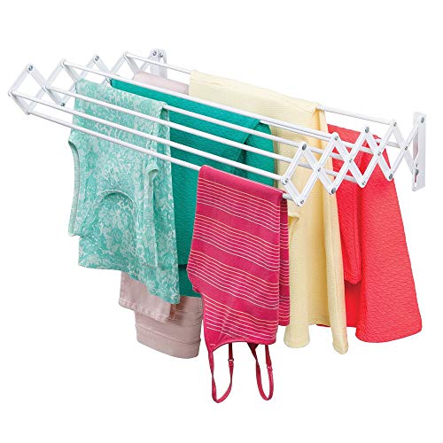 mDesign Tendedero extensible de metal – Práctico tendal plegable para secar ropa en el lavadero – Compacto tendedero de pared tipo acordeón, ideal para ahorrar espacio – blanco
