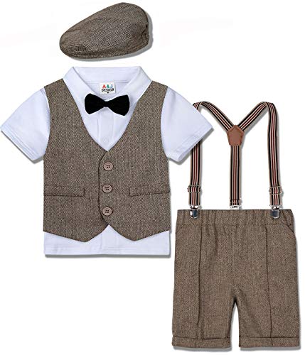 mintgreen Smoking Niño Traje Tirantes Conjunto Gentleman Manga Corta, Caqui, 3-4 años (Tamaño del Fabricante: 110)