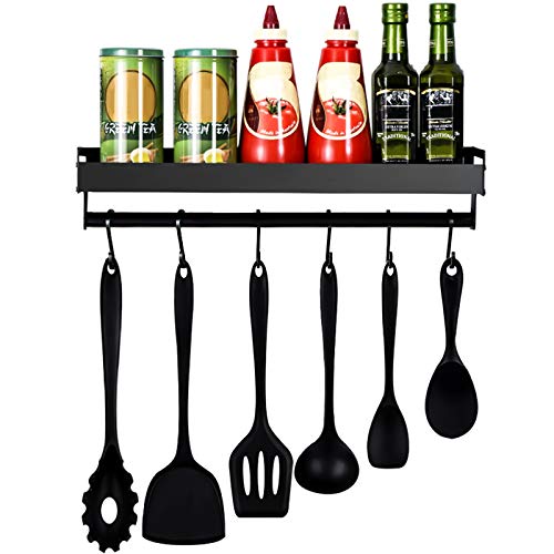 mreechan Estante de Cocina de Sin Perforación, Estante de Especias Acero Inoxidable,Organizadores para Utensilios de Cocina con 6 Ganchos extraíbles,Barra para Cocina,Pasillo,baño, etc. (Black)