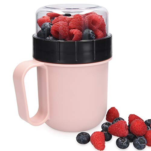 Navaris Taza para muesli to go - Vaso con 2 Partes para Snacks sopas ensaladas Pasta Yogur postres - Apta microondas y lavavajillas - Rosa Pastel