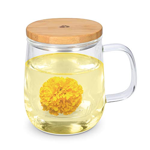 Navaris Taza para té de Vidrio de borosilicato con Filtro y Tapa - Taza para infusión con Filtro de Cristal y Tapa de bambú - 500ML