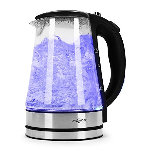 Oneconcept Blue Lagoon Hervidor de agua de acero inoxidable de vidrio con LED de iluminación interior (1,7L, 2200W, conexión giratoria 360 °, filtro de cal, apagado automático, Cool de Touch) Oneconcept Blue Lagoon Hervidor de agua de acero inoxidable de vidrio con LED de iluminación interior (1,7L, 2200W, conexión giratoria 360 °, filtro de cal, apagado automático, Cool de Touch)
