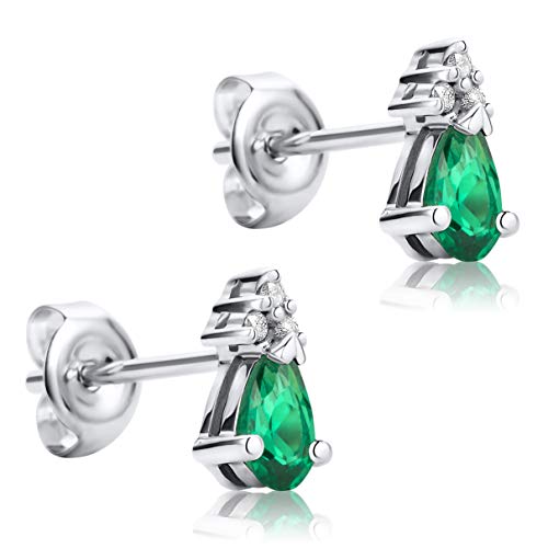 Orovi Pendientes Señora presión en Oro Blanco con Diamantes Talla Brillante y Esmeralda Talla Pera 0.4 Ct Oro 9 Kt / 375 Orovi Pendientes Señora presión en Oro Blanco con Diamantes Talla Brillante y Esmeralda Talla Pera 0.4 Ct Oro 9 Kt / 375