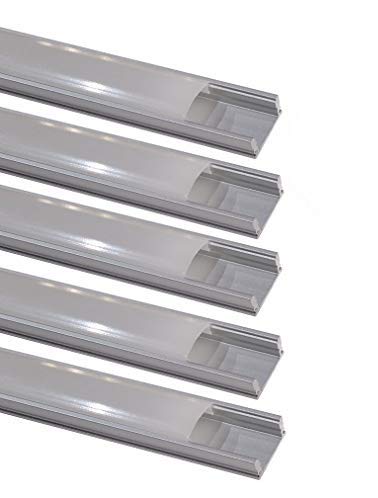 Pack 5x Perfil de Aluminio para Tira LED con Cubierta Blanca Lechosa. Los tapones de los extremos y los clips de montaje de metal están incluidos en el Pack.