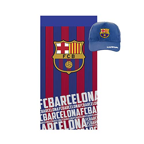 Pack Especial Regalo Toalla de algodón para Playa, baño, Trading,Gimnasio + Gorra Adulto con Visera FCB Barcelona.