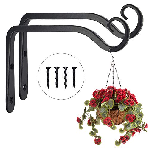 Paquete de 2 ganchos negros para colgar en la pared, soportes de canasta para colgar en la pared de hierro forjado de metal colgante para comederos/plantas/linternas/campanas de viento (con tornillos)